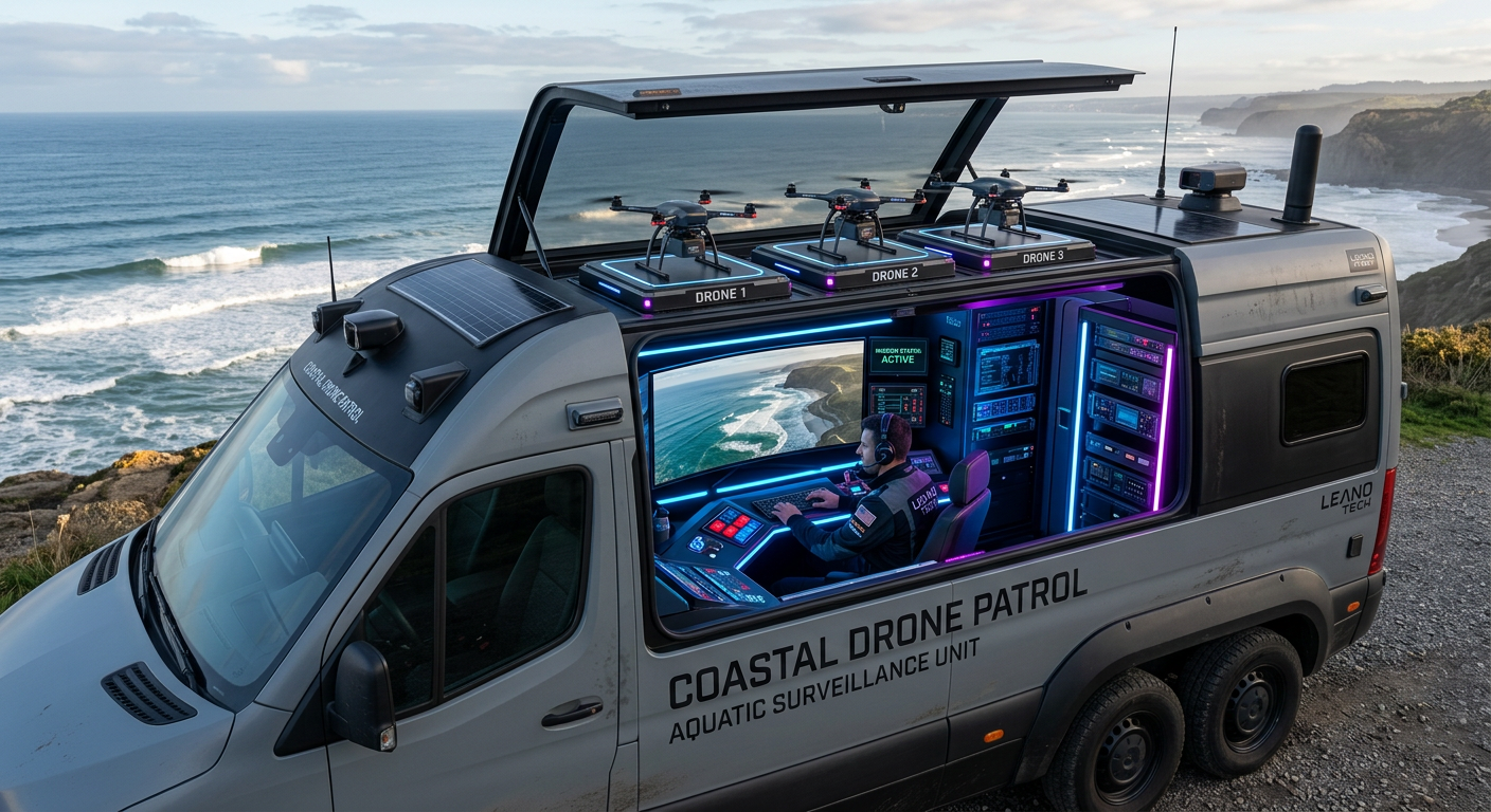FlightLedger Mobile Flight Command Van with Coastal Surveillance and Drones